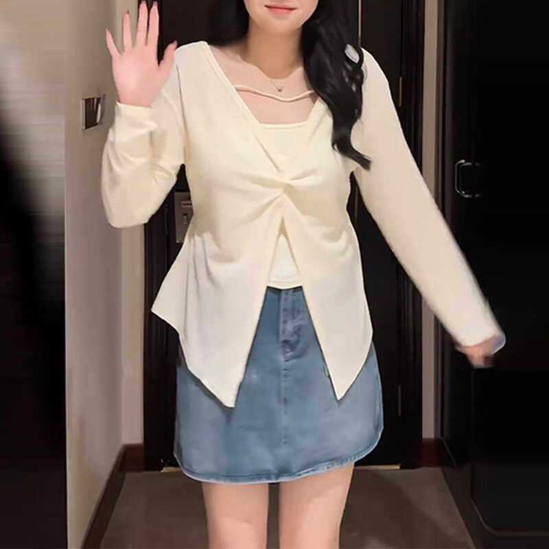 大码设计感长袖T恤吊带两件套女夏季胖mm显瘦遮肉套装防晒衫上衣