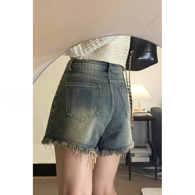 复古牛仔短裤女夏季薄款大码胖mm显瘦小个子a字外穿阔腿热裤子潮