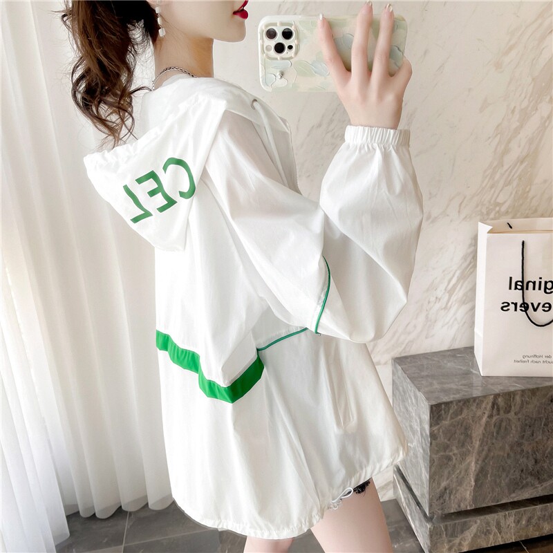 大码女装宽松薄款开衫防晒衬衫夏季新款韩版连帽印花上衣服外套潮