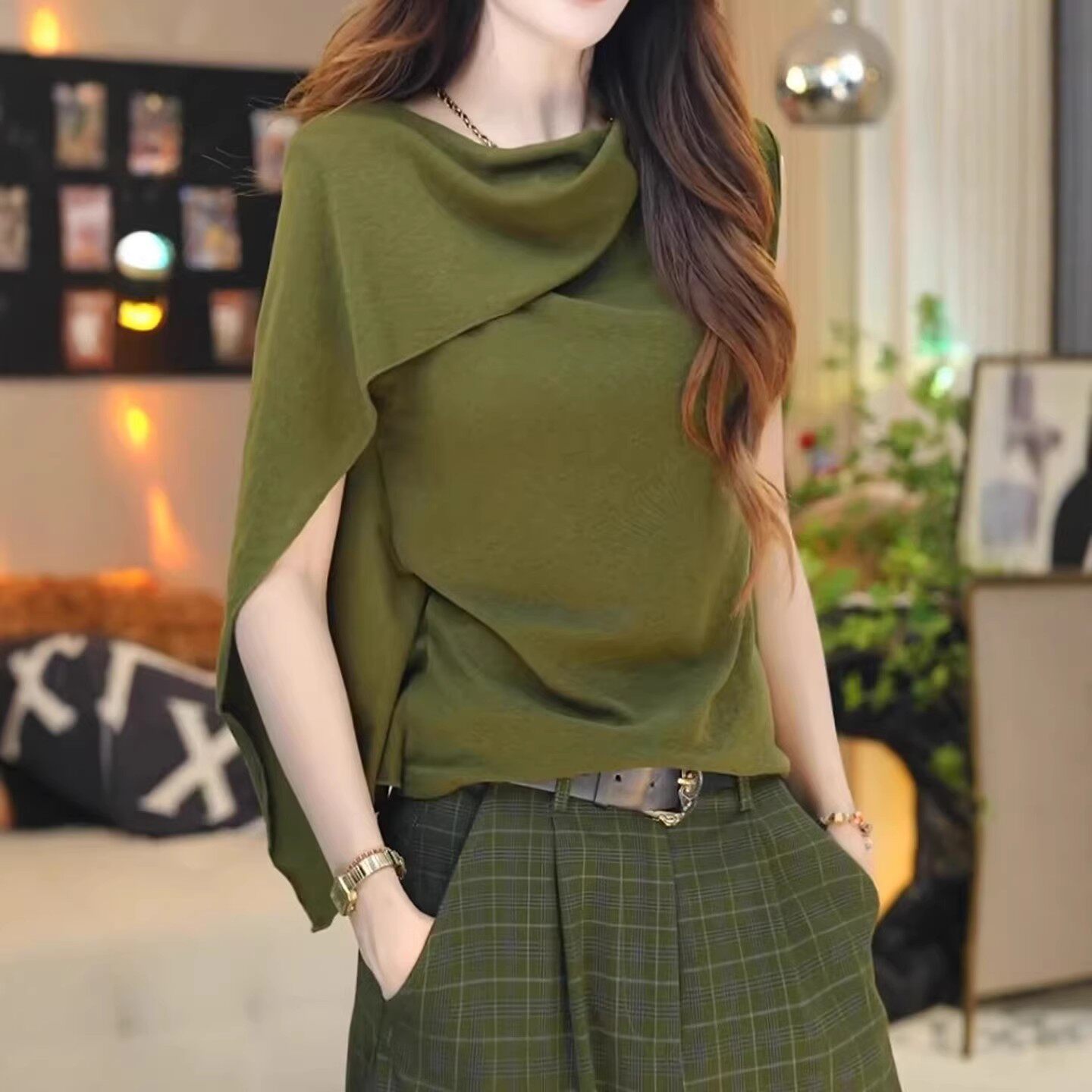 复古绿色斗篷式无袖假两件T恤女夏季大码胖mm洋气时髦高级感上衣