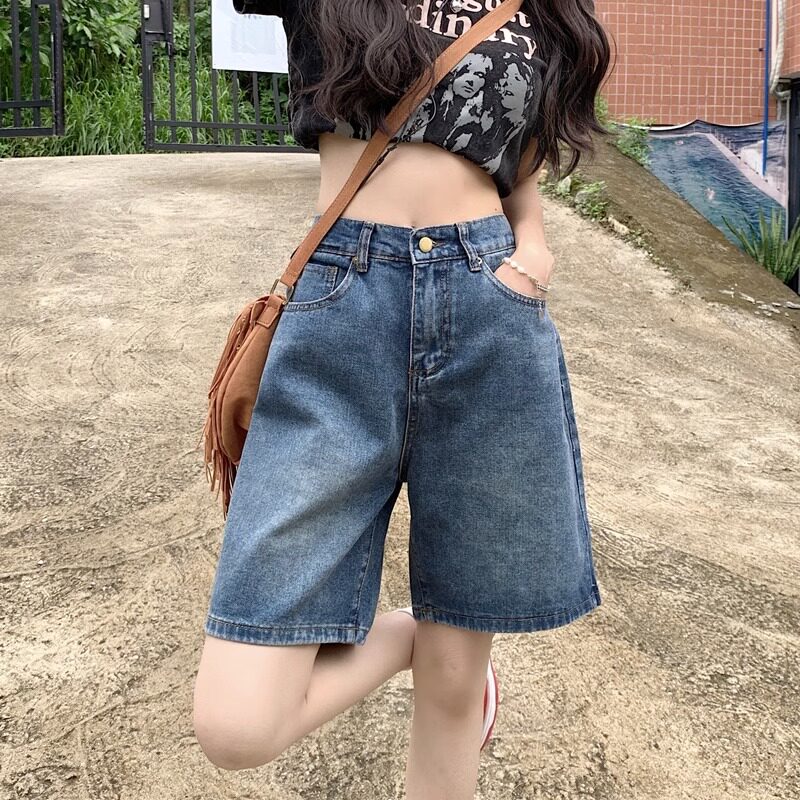 复古蓝五分裤女大码牛仔裤夏季高腰直筒裤宽松阔腿裤辣妹短裤子潮