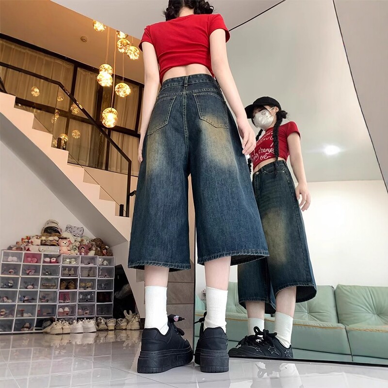 美式高街复古阔腿七分牛仔中裤女夏季高腰大码显瘦宽松直筒短裤子