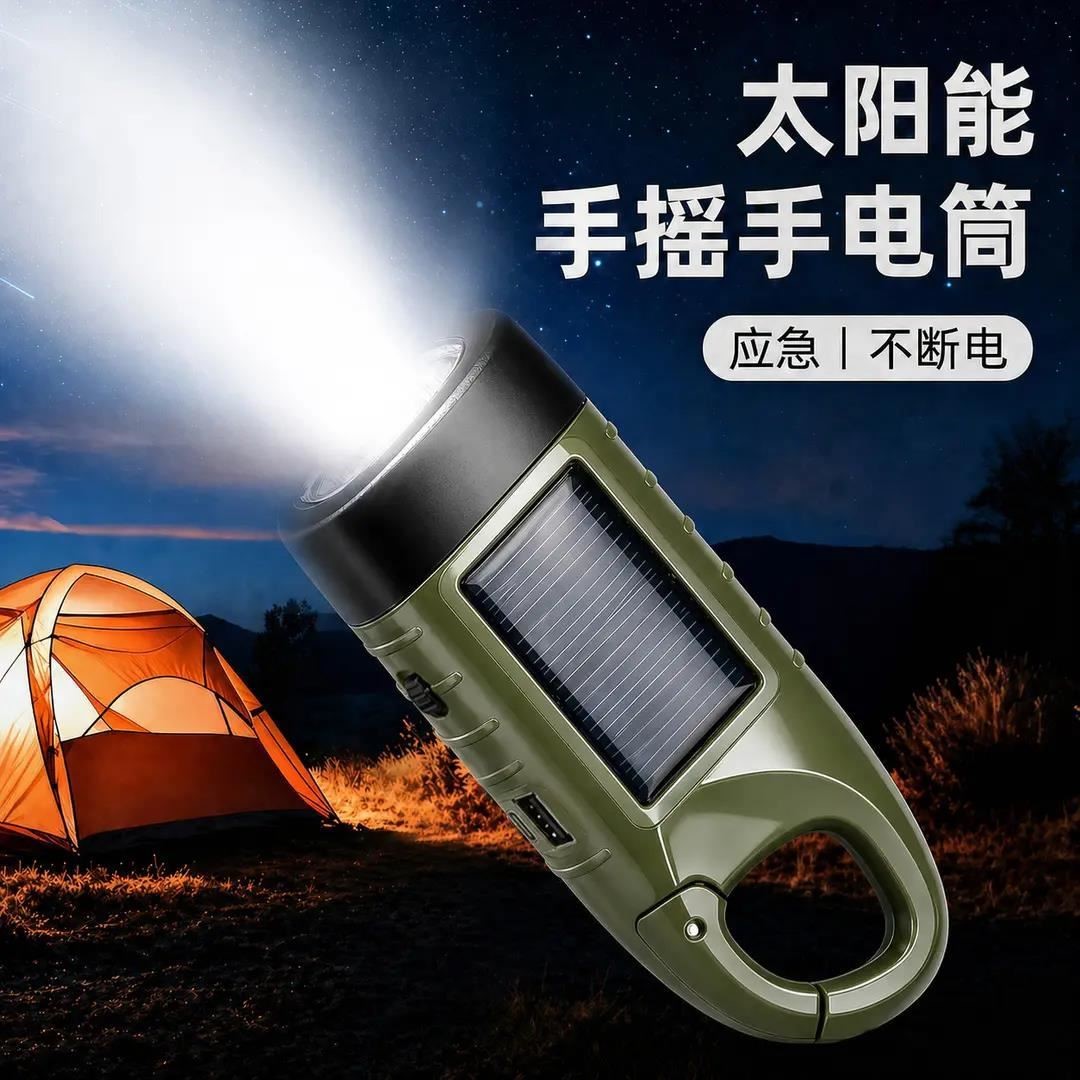【下单立减50】太阳能手摇手电筒多功能强光露营电源户外充电宝QC
