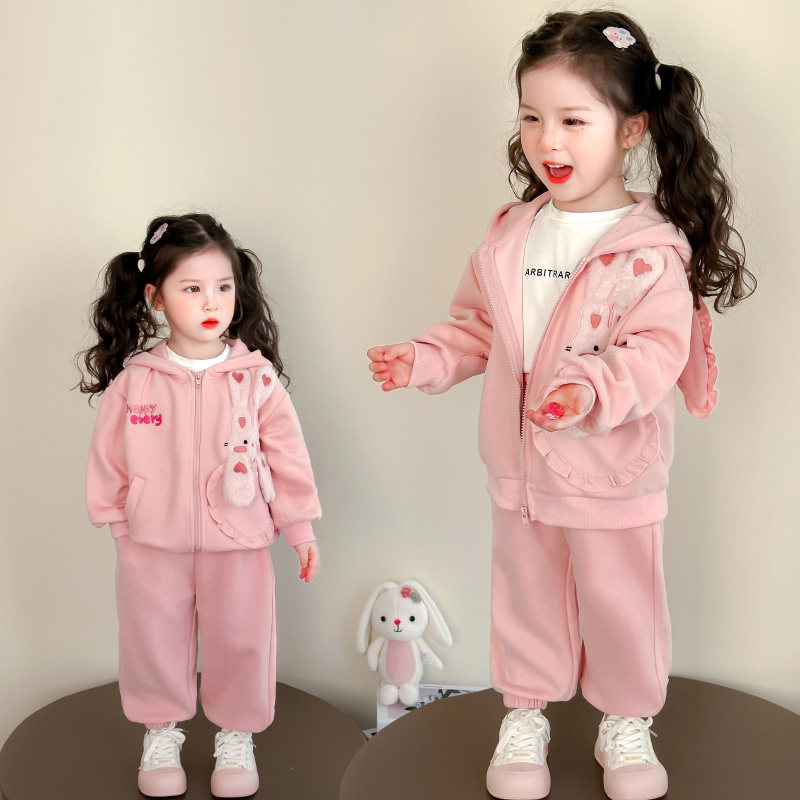 女童秋装2025新款套装儿童洋气绣花兔耳朵连帽卫衣时髦运动两件套