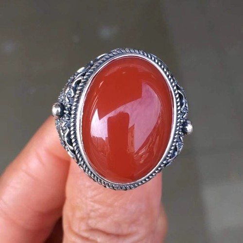 天然南红玛瑙辣椒红蛋面大哥戒指s925镶活口男指环蛋面珠宝民族风