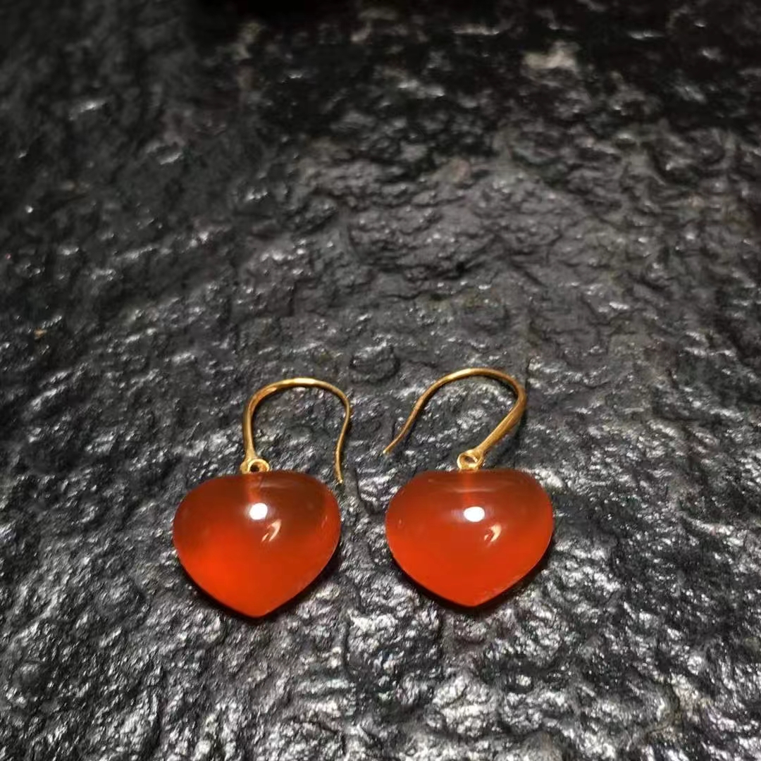 原矿天然保山南红玛瑙冰红18k金镶桃心耳环爱心耳钩气质时尚高端
