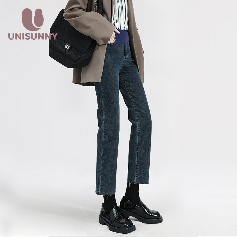 unisunny孕妇牛仔裤春秋外穿孕期秋款休闲裤秋季直筒烟管九分裤子