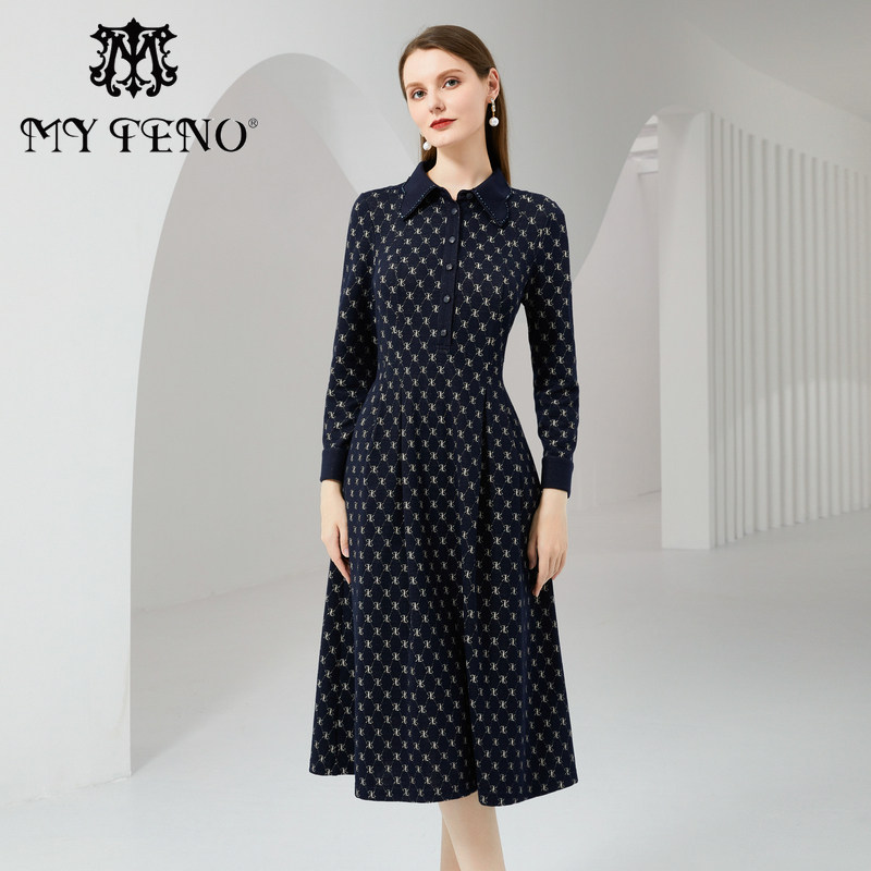 马天奴黑色提花翻领收腰连衣裙