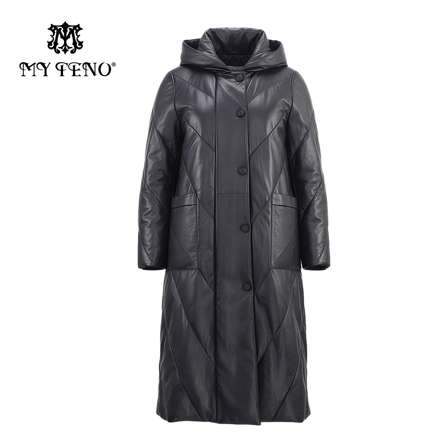 马天奴2025新款黑色连帽绵羊皮羽绒服白鹅绒保暖长款外套时尚百搭