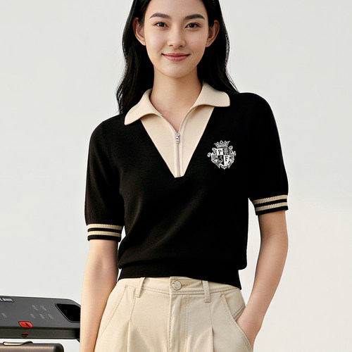 MY TENO/马天奴撞色翻领短袖针织衫女夏季新款百搭校园风毛衣