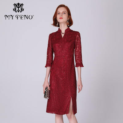 马天奴酒红色蕾丝绣花连衣裙