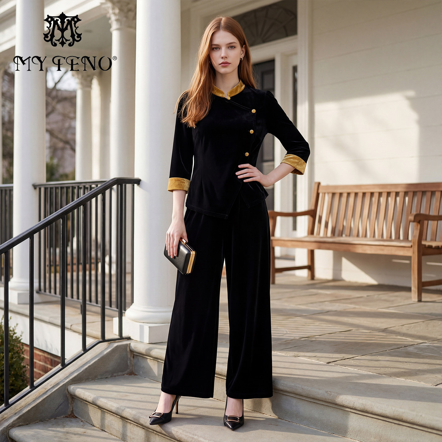 马天奴2025秋冬新款黑色丝绒立领上衣宽松阔腿裤子新中式两件套装