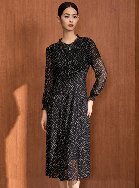 马天奴秋季新款女装黑色闪葱印花连衣裙长袖收腰长裙气质时尚裙子