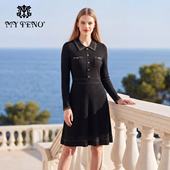针织连衣裙子小香风气质时尚 马天奴2025秋冬新款 黑色翻领收腰长袖