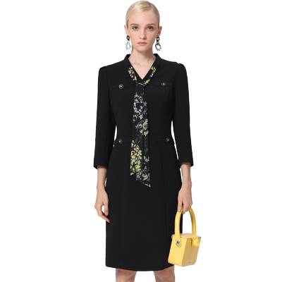 马天奴V领印花雪纺连衣裙