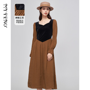 马天奴女装早秋新款咖啡色赫本风连衣裙收腰拼接长裙气质礼裙裙子