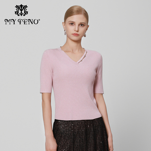 专柜正品马天奴秋冬新款粉色修身针织衫V领钻扣毛衫小衫短袖上衣