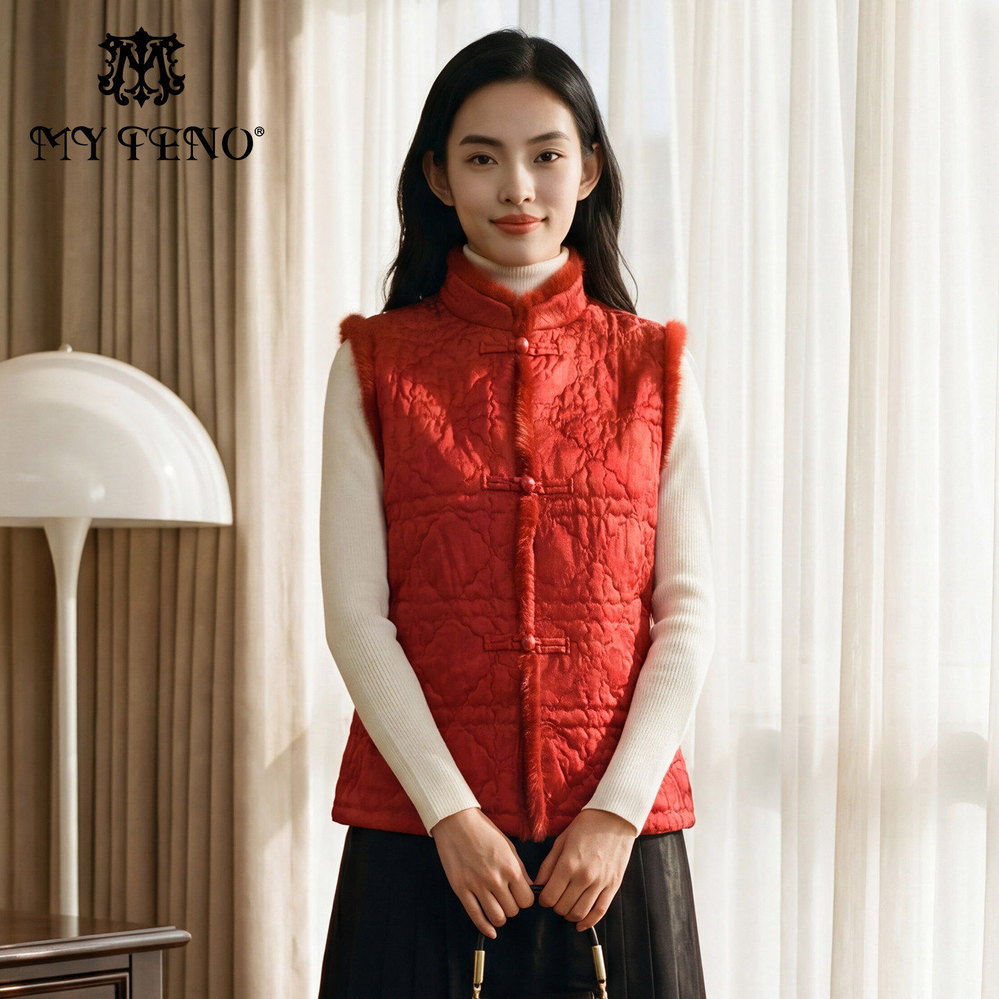 马天奴2026春新款新中式水貂毛立领刺绣马甲夹棉国风气质复古女装