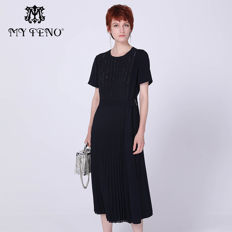 马天奴钉珠收腰百褶连衣裙