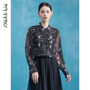马天奴秋冬新款女黑色印花雪纺翻领衬衫宽松休闲长袖衬衣上衣时尚