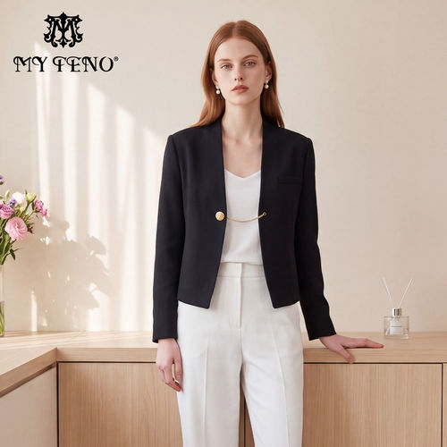 MY TENO/马天奴知性黑色无领西装外套修身收腰通勤职业装气质外套
