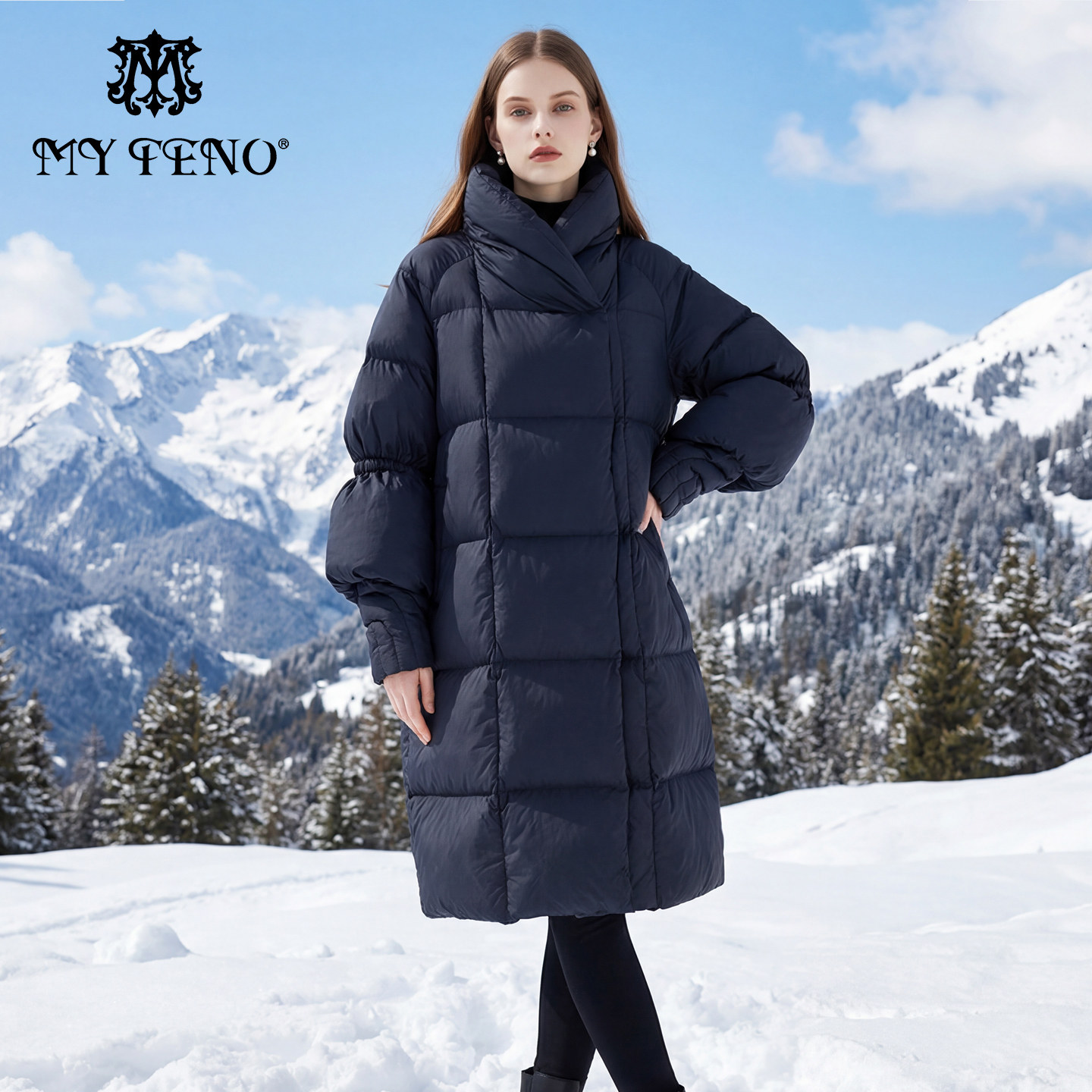 马天奴女装秋冬新款黑色连帽羽绒服鹅绒宽松廓形中长外套保暖时尚