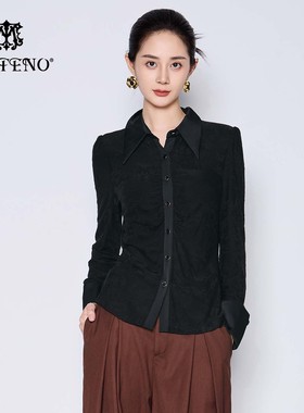 马天奴2025秋冬新款黑色翻领单排扣长袖衬衫捏褶修身衬衣上衣气质