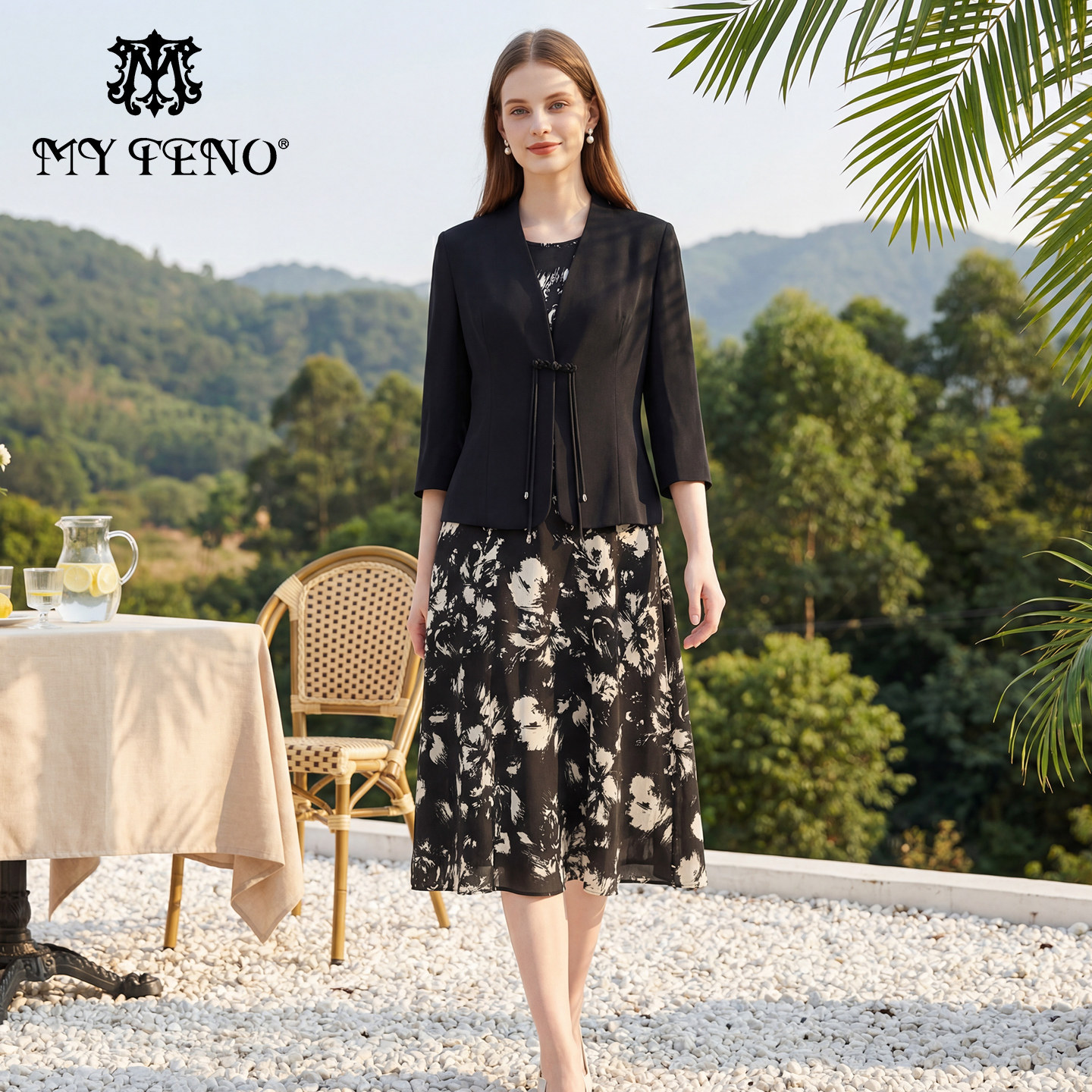 马天奴2026春夏新款黑色西装外套印花连衣裙子两件套装气质时尚女
