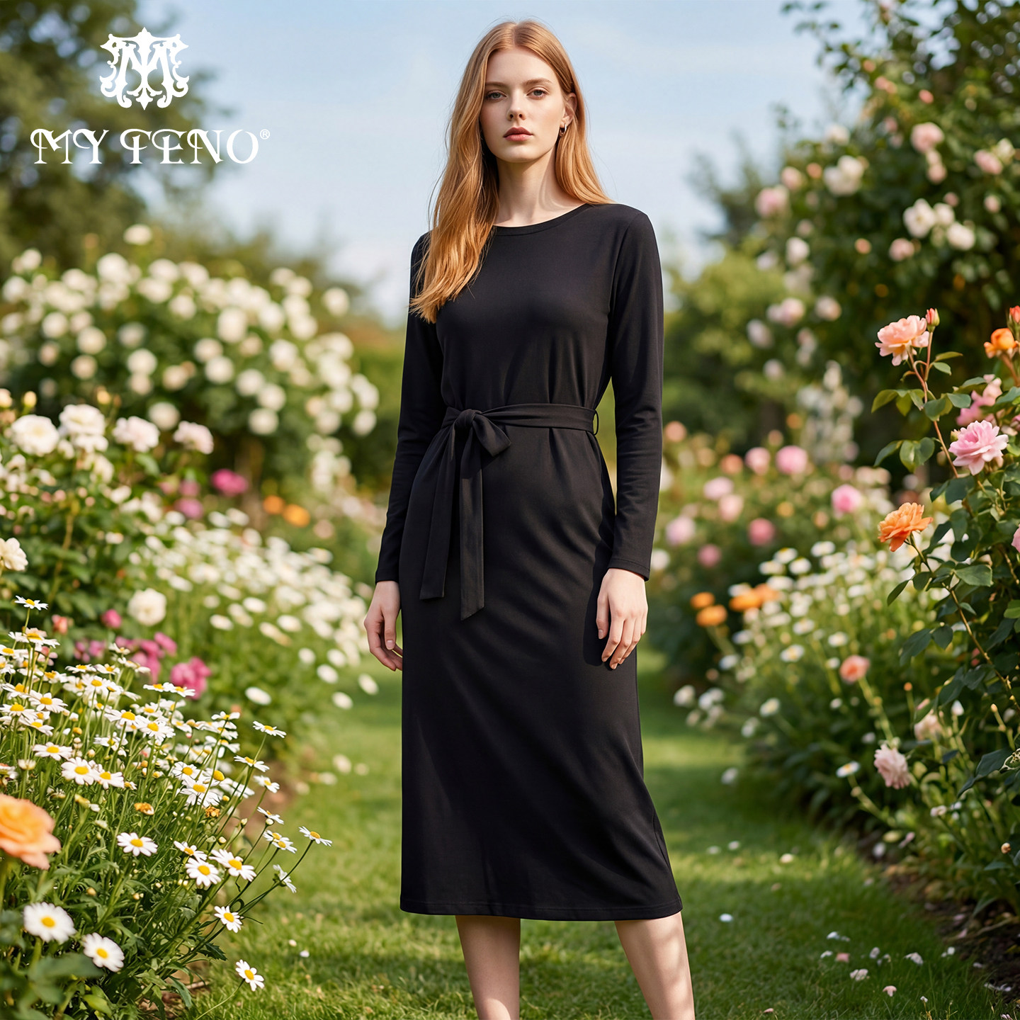 马天奴2025春夏新款纯色棉质圆领连衣裙子长袖腰带收腰时尚气质女