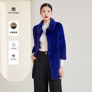蓝色翻领皮草外套中长款 马天奴秋冬新品 保暖七分袖 水貂毛皮