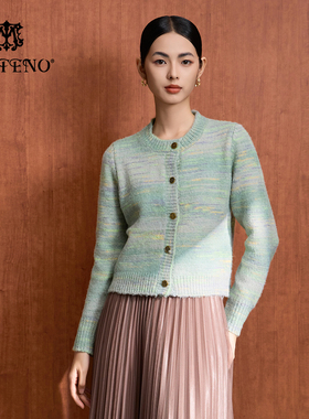马天奴秋冬女装绿色圆领单排扣针织开衫短款毛衫气质时尚百搭小衫
