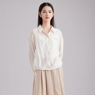 马天奴春夏新款女米色翻领长袖衬衫系带衬衣上衣镂空短款气质百搭