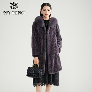 马天奴秋冬款 气质洋气外套 水貂丁茶色连帽抽绳皮草大衣保暖女装