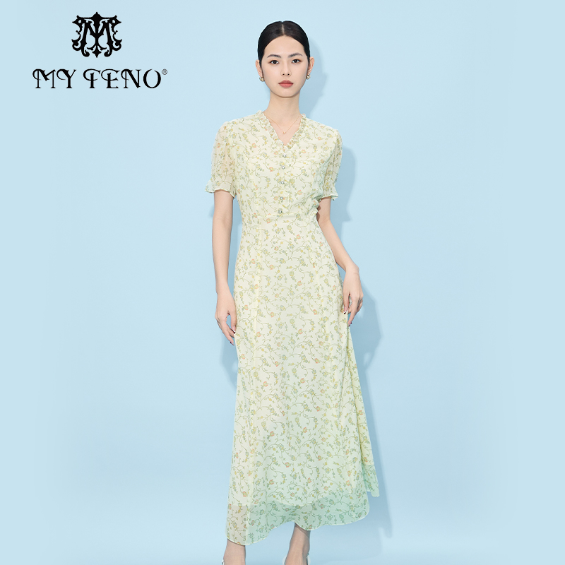 马天奴米黄桑蚕丝印花连衣裙