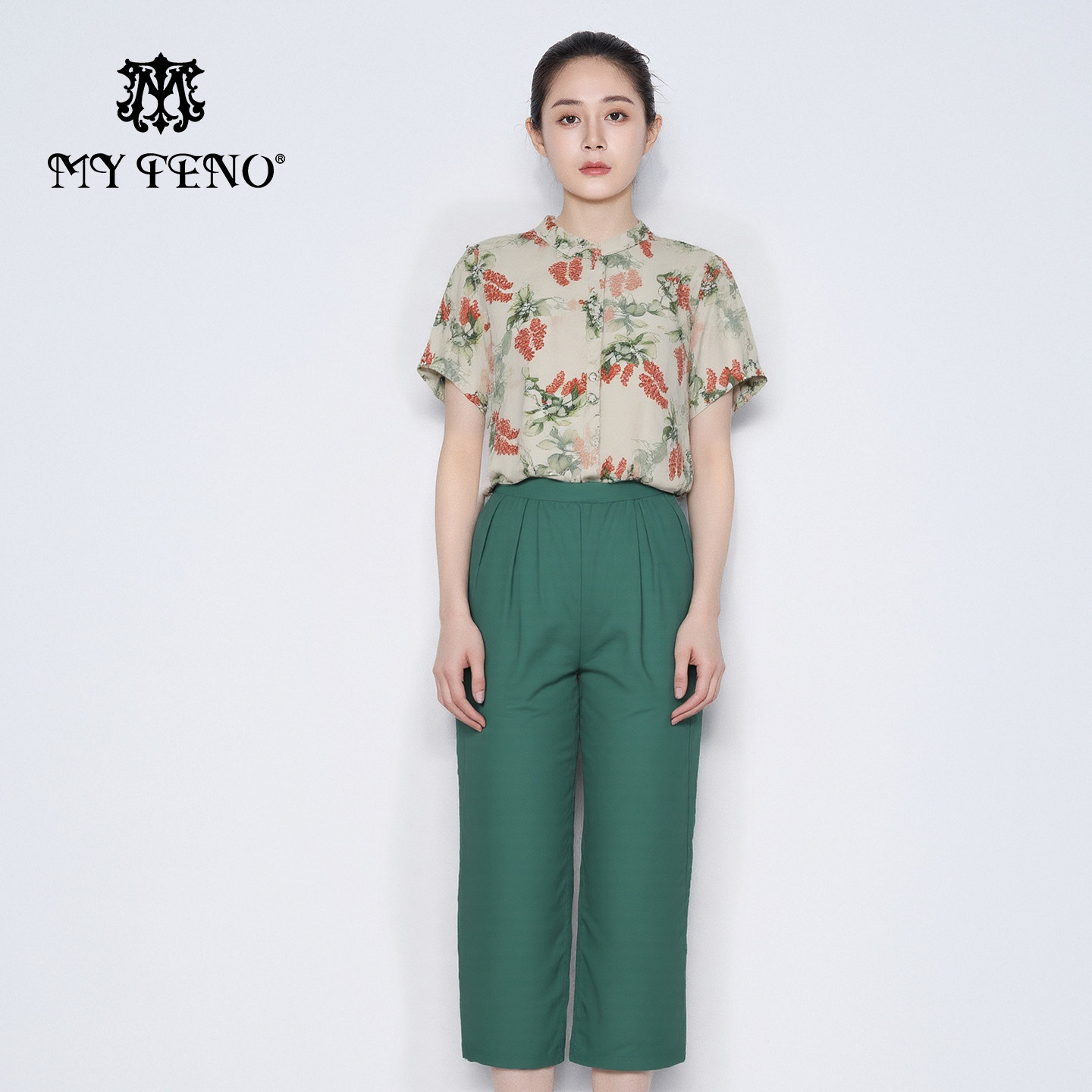 马天奴春夏新款杏色碎花苎麻上衣衬衫亚麻松紧腰休闲裤子两件套装