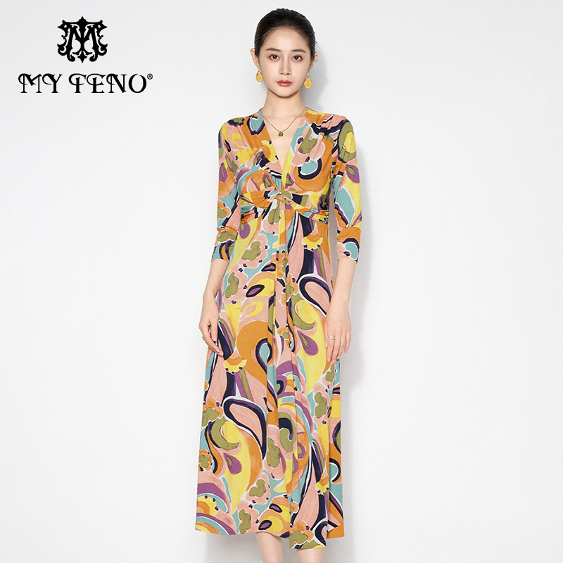 马天奴黄色印花V领高腰连衣裙