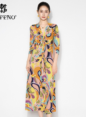 马天奴2025夏季新款黄色印花连衣裙子V领高腰扭结收腰时尚气质女