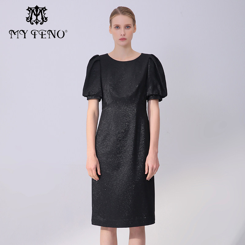 专柜正品马天奴春新款黑色亮葱连衣裙子灯笼袖收腰修身中长一步裙