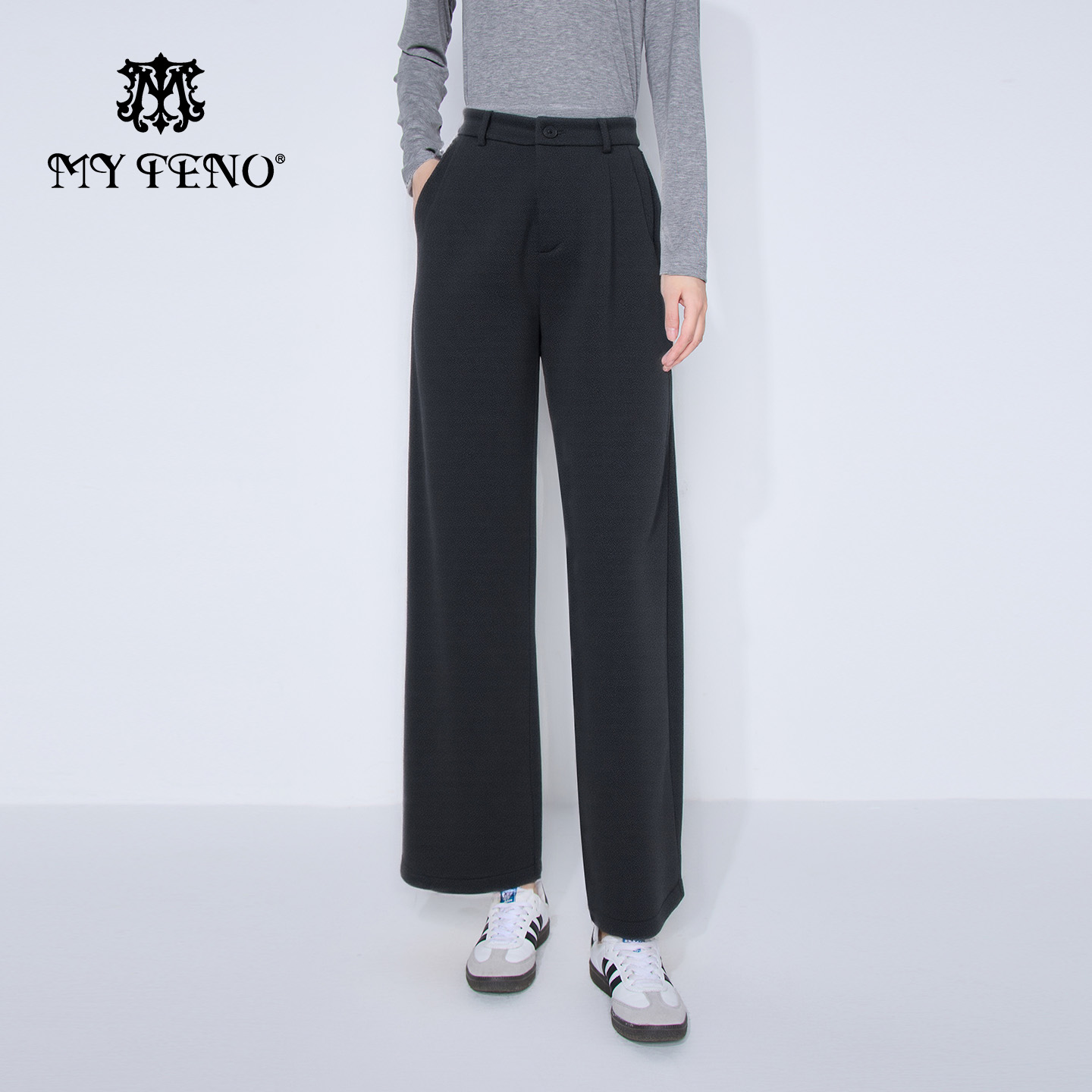 马天奴黑灰高腰宽松阔腿休闲裤