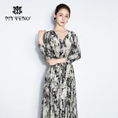 马天奴秋冬女装 水墨灰V领印花连衣裙子系带收腰气质时尚 流行百搭