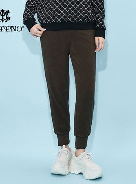 马天奴秋冬女裤纯色松紧腰抽绳加绒束脚休闲裤子时尚百搭运动流行