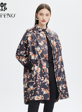 【绵羊皮】马天奴女装春秋新款蓝色印花皮衣中长款宽松复古外套