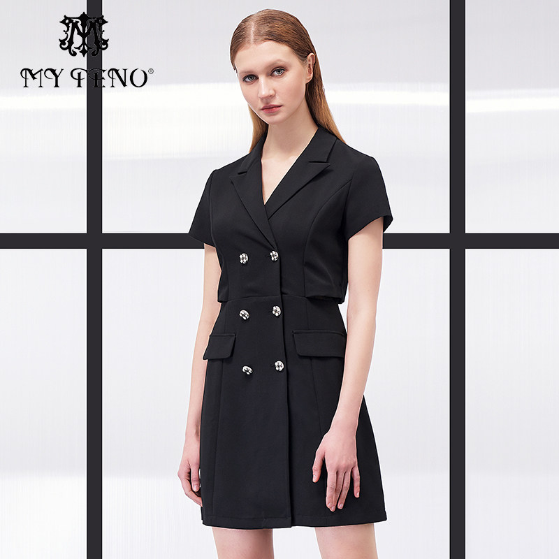 马天奴夏季新款女黑色V领西装连衣裙子A字裙通勤百搭收腰短裙时尚