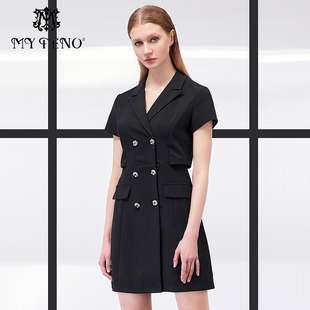 连衣裙子A字裙通勤百搭收腰短裙时尚 女黑色V领西装 新款 马天奴夏季