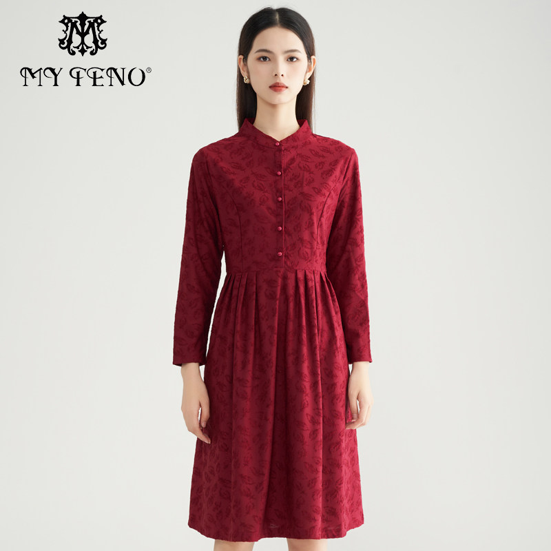 马天奴春秋新款纯色立领提花连衣裙收腰国风长裙气质礼裙子时尚女,女装/女士精品,连衣裙,淘宝优惠券,粉丝福利购,淘宝优惠卷