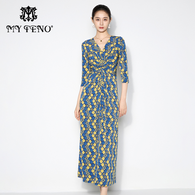 马天奴黄色印花V领修身连衣裙