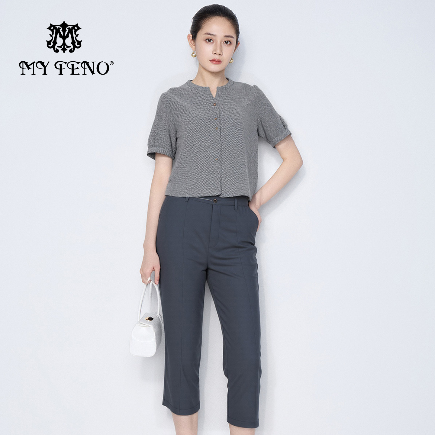 马天奴春夏新款灰色短袖衬衫上衣直筒休闲裤子两件套装时尚百搭女