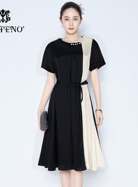 马天奴春夏新款黑色拼接钉珠系带收腰连衣裙子短袖气质时尚流行女