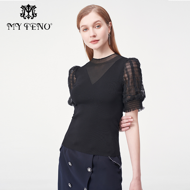 马天奴网纱套头拼接短款针织衫