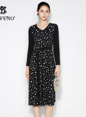 马天奴2025秋冬新款黑色波点印花连衣裙子V领长袖系带收腰法式女